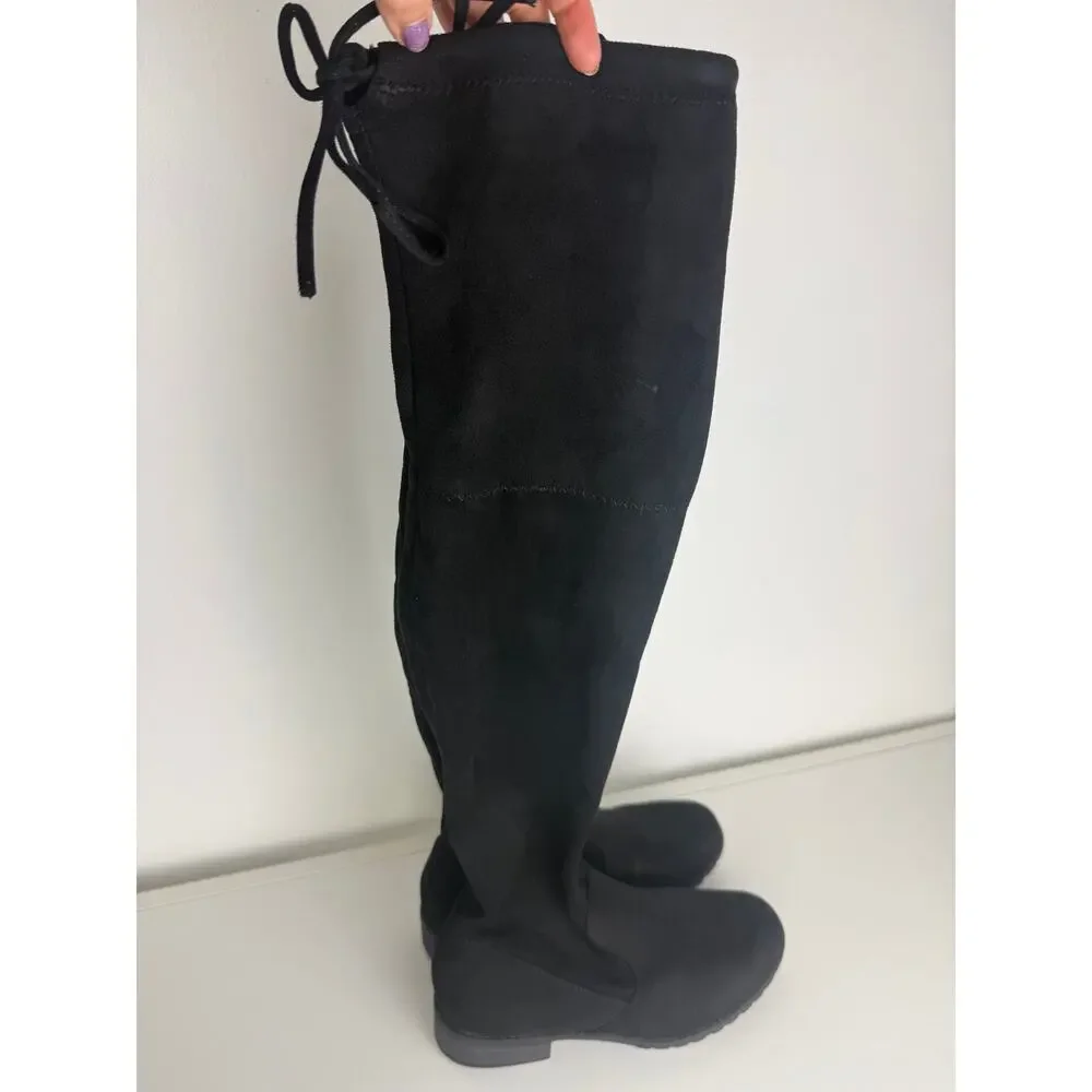 Forever Womens Over The Knee High Faux Suede Pull-On Tie Accent Black Boots 7